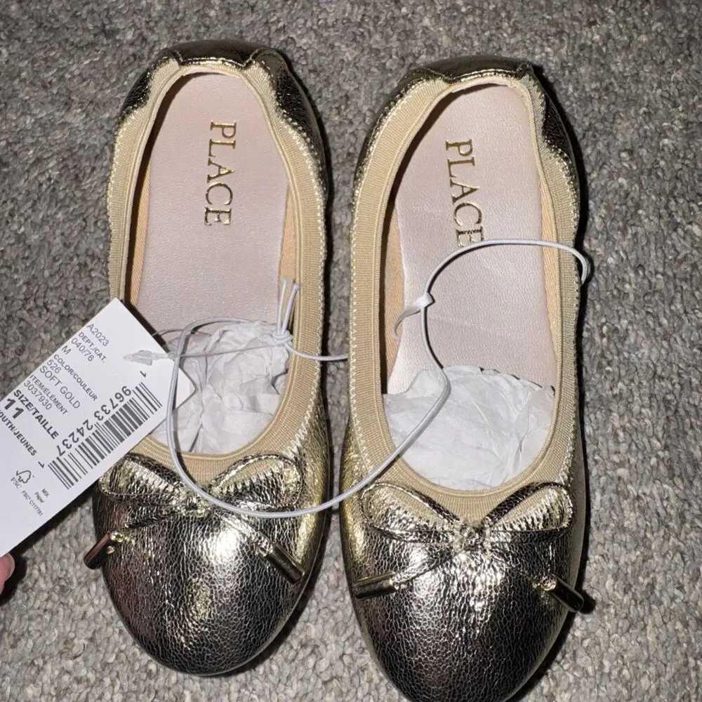 Girl's Shiney Gold Ballet Shoes Flats Bow The Children's Place Dress Sz 11 NWT